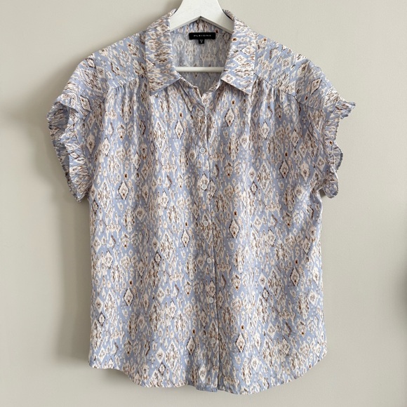 Pleione Tops - Pleione Crinkle Ruffle Sleeve Camp Shirt Ikat Print Medium